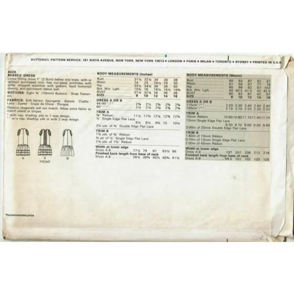 Butterick Sewing Pattern 4426 Misses‎ Dress Size 8 Evan Picone